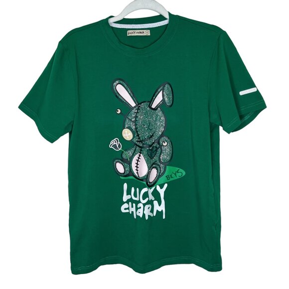 BKYS Lucky Charm Tshirt S Mens Green Rhinestone Graphic‎ Print Tee Size Small - Picture 1 of 11